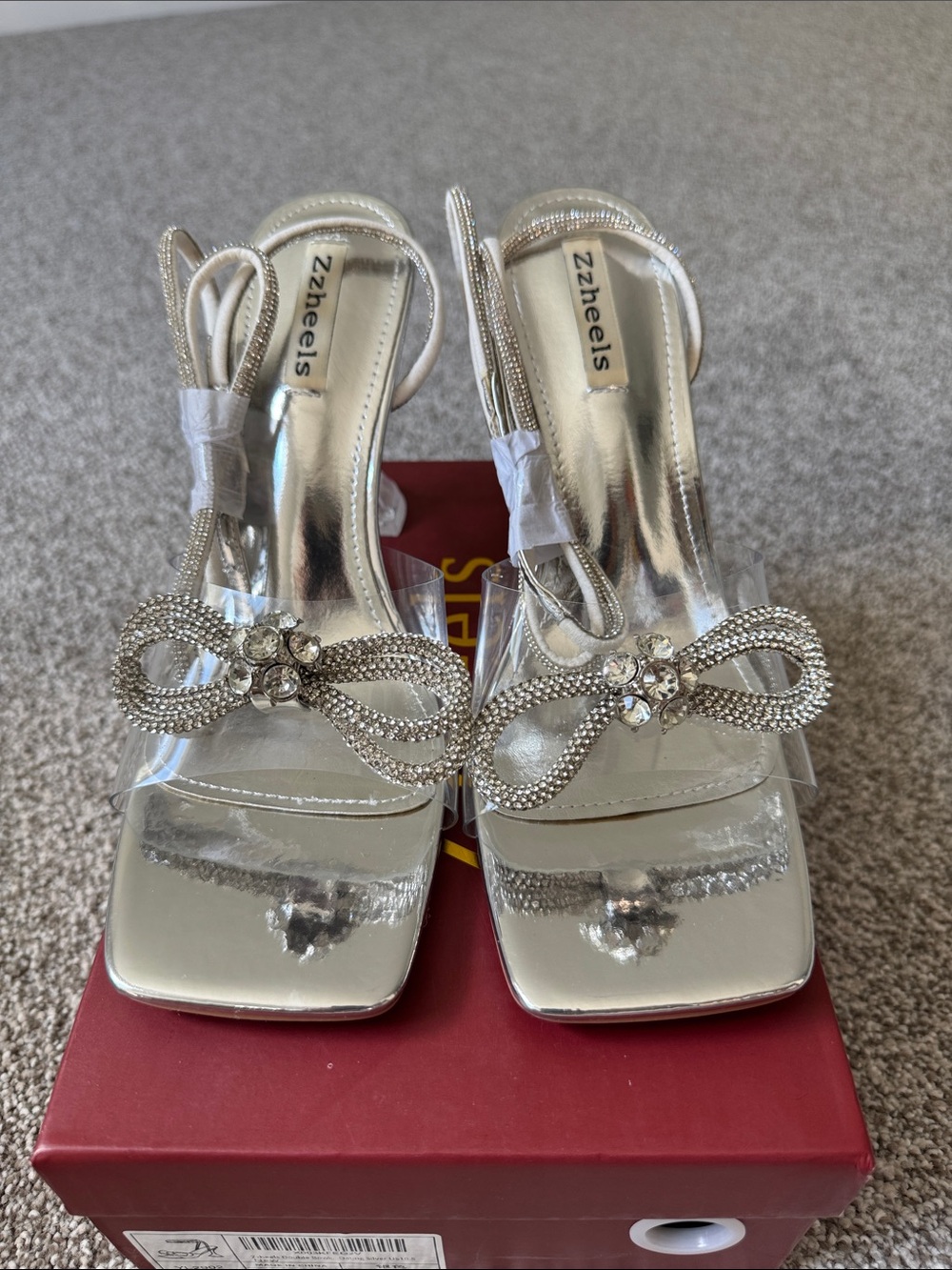 Zzheels Silver Rhinestone Bow Clear-Strap Sandals